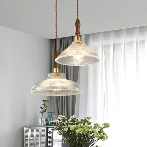 Suspension en bois et verre design scandinave moderne pour salon salle à manger éclairage chaleureux lumière douce écoénergétique élégant