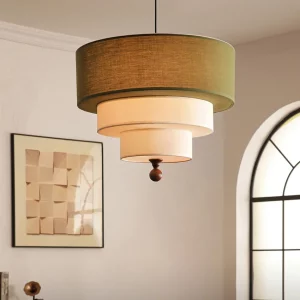 Plafonnier suspendu tissu vert design boho moderne luminaire bois salle à manger salon chambre bureau lumière chaleureuse ambiance naturelle élégante Plafonnier suspendu tissu vert design boho moderne luminaire bois salle à manger salon chambre bureau lumière chaleureuse ambiance naturelle élégante