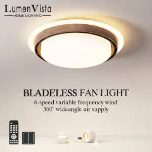 Plafonnier bois LED design moderne minimaliste ventilateur sans lames lumière diffuse chambre salon bureau ventilation discrète éclairage économique élégant Plafonnier bois LED design moderne minimaliste ventilateur sans lames lumière diffuse chambre salon bureau ventilation discrète éclairage économique élégant