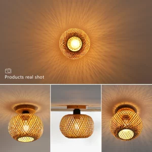 Plafonnier en bambou et rotin tressé main design asiatique rustique lumière douce salon chambre cuisine