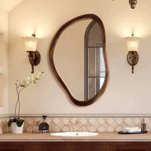 Miroir salle de bain en bois de noyer  design moderne  style rétro  coiffeuse  ornement mur  chambre à coucher  accessoires luxe  intérieur élégant