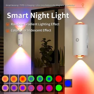 Applique murale LED RGB avec capteur de mouvement lumière d’ambiance design moderne effets de couleur variés éclairage intelligent installation magnétique charge USB Type-C Applique murale LED RGB avec capteur de mouvement lumière d’ambiance design moderne effets de couleur variés éclairage intelligent installation magnétique charge USB Type-C