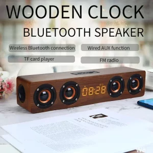 Enceinte Bluetooth bois naturel design moderne minimaliste avec horloge intégrée pour chambre salon cuisine bureau