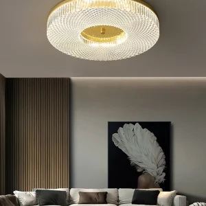 Plafonnier rond doré en cristal design moderne luxe éclairage salon chambre salle à manger lumière élégante diffusion douce installation facile entretien simple Plafonnier rond doré en cristal design moderne luxe éclairage salon chambre salle à manger lumière élégante diffusion douce installation facile entretien simple