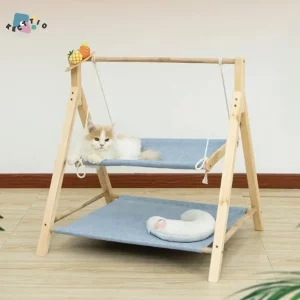 Arbre à chat en bois massif et tissu design scandinave 2 niveaux suspensions en corde coussin en peluche idéal pour la détente des chats Arbre à chat en bois massif et tissu design scandinave 2 niveaux suspensions en corde coussin en peluche idéal pour la détente des chats