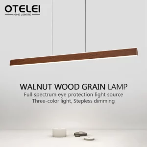 Suspension en bois de noyer moderne design minimaliste éclairage chaleureux pour salon salle à manger cuisine îlot hauteur réglable lumière LED économies d’énergie élégance naturelle