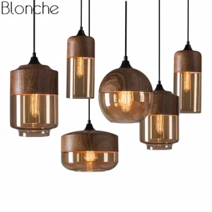 Suspension en bois naturel et verre ambré design scandinave moderne luminaire rétro industriel pour salon cuisine chambre éclairage chaleureux décoration intérieure Suspension en bois naturel et verre ambré design scandinave moderne luminaire rétro industriel pour salon cuisine chambre éclairage chaleureux décoration intérieure