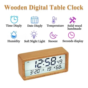 Horloge de table numérique en bois naturel design moderne fonctionnalités multiples décoration maison épurée élégante Horloge de table numérique en bois naturel design moderne fonctionnalités multiples décoration maison épurée élégante