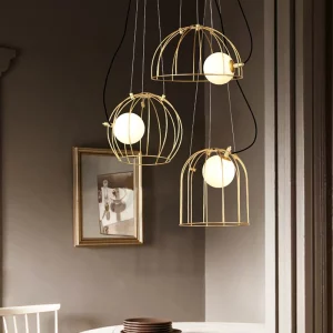 Suspension métal doré cage à oiseaux design moderne industriel éclairage LED salon chambre cuisine salle à manger décoration luminaire élégant Suspension métal doré cage à oiseaux design moderne industriel éclairage LED salon chambre cuisine salle à manger décoration luminaire élégant