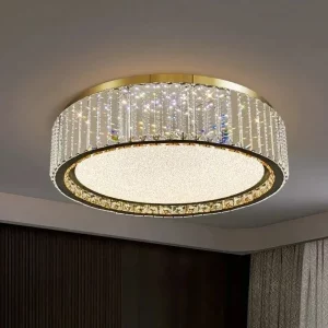 Plafonnier moderne luxueux design avec cristaux dorés lumière uniforme salon salle à manger chambre élégance scandinave nordique éclairage chaleureux économique