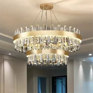 Plafonnier cristal doré design moderne luxe salle à manger salon éclairage élégant lumière chaleureuse économique certification LVD