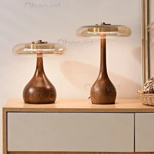 Lampe de table bois naturel style scandinave moderne  abat-jour verre transparent lumière chaleureuse bureau chambre salon décoration épurée économique élégant