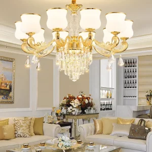 Lustre plafond métal verre design classique luxe salon salle à manger chambre éclairage chaleureux lumière scintillante élégance ambiance