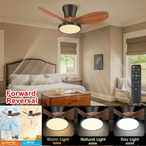 Plafonnier ventilateur LED bois naturel design moderne style scandinave lumière chaude salle à manger chambre économie d’énergie