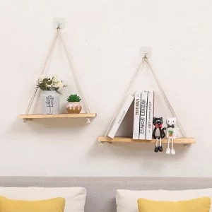 Étagère murale suspendue en corde bois naturel design scandinave nordique moderne décoration intérieure salon chambre bureau ambiance chaleureuse