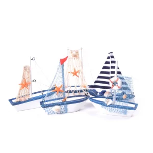 Modèle de bateau à voile bleu en bois style méditerranéen vintage  décoration nautique intérieur marin étagère salon chambre