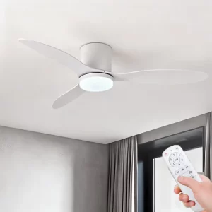 Ventilateur de plafond LED moderne avec lumière et télécommande  design minimaliste  blanc  chambre  salon  éclairage doux  ventilation efficace  économique  élégant