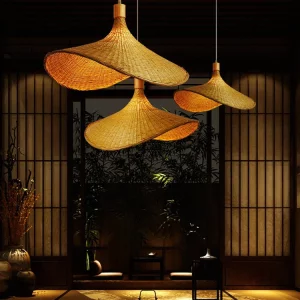Suspension en bambou tressé design asiatique luminaire pendentif LED éclairage naturel chaleureux salon chambre salle à manger décoration intérieure élégante économique