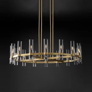 Lustre vintage industriel LED métal doré verre transparent design moderne épuré éclairage chaleureux salon salle à manger chambre