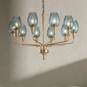Lustre art déco moderne en métal doré et verre bleu  design vintage élégant  éclairage chaleureux pour salon  chambre  hôtel ou bureau