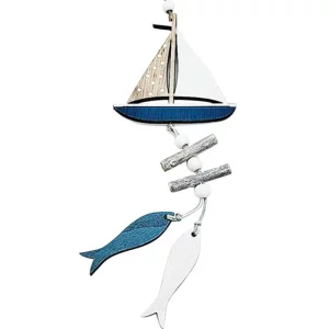 Décoration murale marine en bois artisanale  bateau à voile  poissons stylisés  thème océan  accessoire déco murale élégant  chambre  salon  cuisine