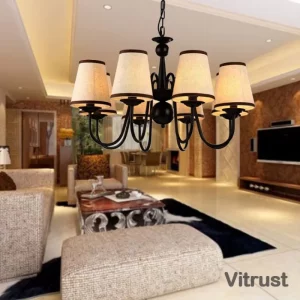Lustre métal noir tissu beige design classique rustique éclairage salon salle à manger lumière chaleureuse élégance naturelle