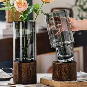 Vase en verre minimaliste base en bois decoration moderne salon table bureau arrangement floral hydroponique Vase en verre minimaliste base en bois decoration moderne salon table bureau arrangement floral hydroponique