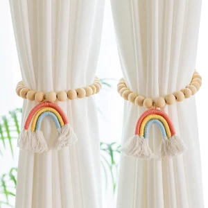 Rideau de perles bohème en bois avec arc-en-ciel en fil coloré  décoration intérieure chaleureuse et ludique pour chambre  salon ou nursery