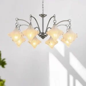 Lustre chrome verre frosted design classique moderne salon salle à manger lumière principale chaleureuse élégance intemporelle éclairage intérieur