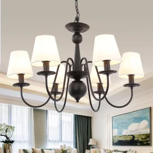 Lustre fer forgé style classique tissu blanc salle à manger chambre salon hôtel décoration intérieure éclairage chaleureux design élégant suspension