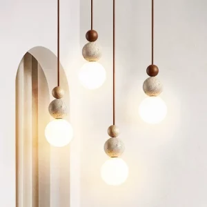 Suspension moderne en bois et pierre naturelle design scandinave lumière LED chaleureuse éclairage intérieur salon chambre économies d’énergie élégant