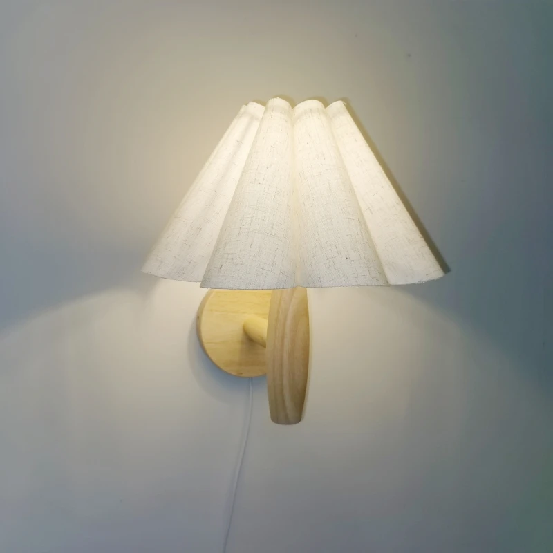Applique murale bois naturel LED design scandinave nordique éclairage chaleureux chambre salon couloir luminaire créatif tissu plissé