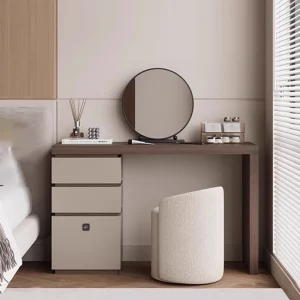 Bureau coiffeuse en bois minimaliste  miroir rond  design moderne  3 tiroirs  tabouret  rangement  décoration élégante  chambre  salon  bureau
