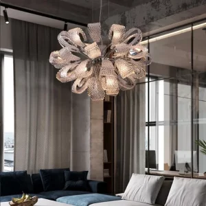 Lustre suspendu métal treillis design moderne sculptural lumière diffusée chambre salle d’étude éclairage intérieur élégant économie d’énergie