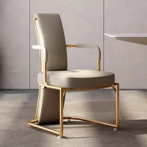 Chaise salle à manger moderne en métal doré taupe tissu rembourré design luxueux gain de place mariage intérieur élégant Chaise salle à manger moderne en métal doré taupe tissu rembourré design luxueux gain de place mariage intérieur élégant