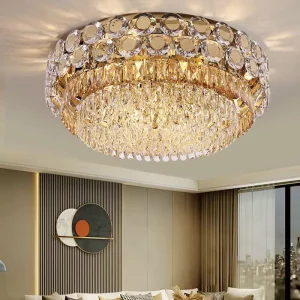 Plafonnier en cristal doré design luxueux salle à manger salon chambre restaurant villa hôtel éclairage haute qualité lumière scintillante élégance moderne