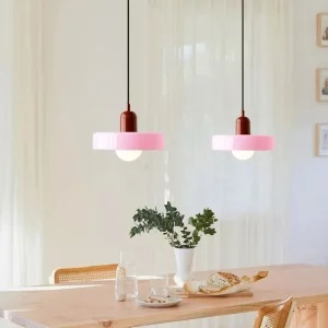 Suspension moderne design rétro abat-jour rose pâle et brun salle à manger cuisine éclairage LED lumière chaleureuse style nordique aménagement intérieur