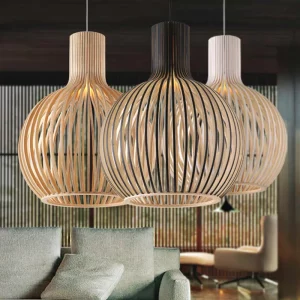 Suspension bois design scandinave lumière chaleureuse éclairage salon salle à manger moderne économique