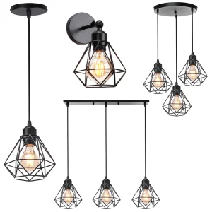 Suspension LED industrielle métal noir design ouvert cage ampoules filament lumière chaleureuse salon cuisine salle à manger éclairage moderne économique élégant