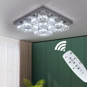 Plafonnier LED cristal carré moderne acier inoxydable télécommande lumière intérieure chambre salon design futuriste élégant économie d’énergie
