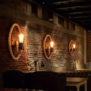 Applique murale vintage en métal noir corde naturelle design industriel créatif éclairage chaleureux salon restaurant bar lumière Edison ambiance rustique cosy Applique murale vintage en métal noir corde naturelle design industriel créatif éclairage chaleureux salon restaurant bar lumière Edison ambiance rustique cosy