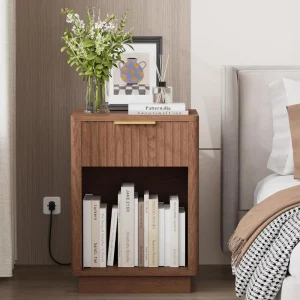 Table de chevet en bois naturel LED design moderne minimaliste avec tiroir et éclairage chaleureux pour chambre à coucher meuble économique élégant Table de chevet en bois naturel LED design moderne minimaliste avec tiroir et éclairage chaleureux pour chambre à coucher meuble économique élégant