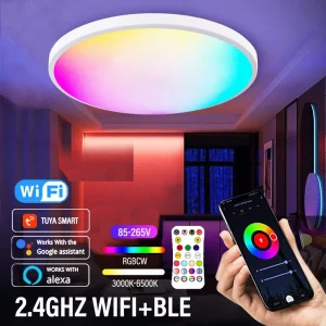 Plafonnier LED moderne design épuré lumière RGB ajustable Wi-Fi compatible Alexa Google Assistant chambre salon éclairage intelligent économies d’énergie