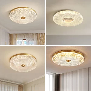 Plafonnier LED transparent cristal design moderne doré éclairage uniforme salon chambre élégance sophistiquée ambiance chaleureuse Plafonnier LED transparent cristal design moderne doré éclairage uniforme salon chambre élégance sophistiquée ambiance chaleureuse