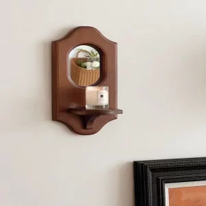Miroir mural bois massif rustique vintage avec étagère  décoration intérieure élégante pour salon  chambre  couloir ou cuisine