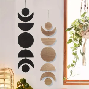 Décoration murale en bois style bohème  pendentif lune  décoration intérieure  inspiré des phases de la lune  design nordique  salon chambre