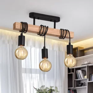 Plafonnier bois naturel LED design industriel moderne lumière chaleureuse salon salle à manger bureau éclairage suspendu élégant économie d’énergie