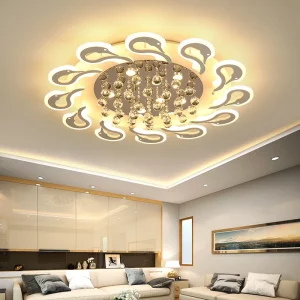 Plafonnier LED moderne design épuré cristal chrome salon salle à manger éclairage chaleureux lumière scintillante élégance intemporelle