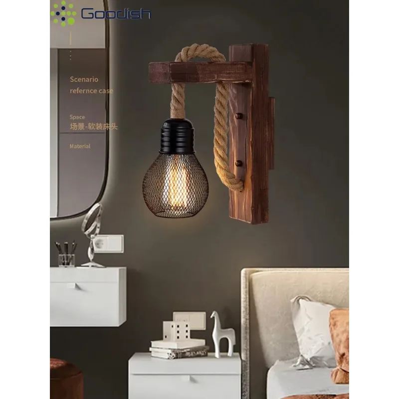 Applique murale bois naturel style industriel rétro corde métal décoration murale éclairage chaleureux salon chambre couloir intérieur lumière vintage