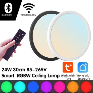 Plafonnier LED intelligent Tuya RGBW  design moderne minimaliste  éclairage variable  compatible Alexa et Google  montage encastré  30cm de diamètre  lumière douce et chaleureuse